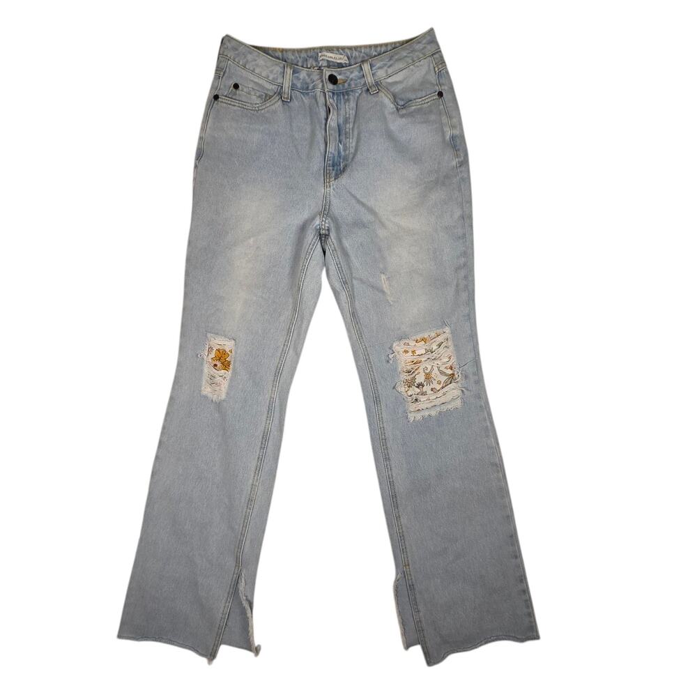 Avec Les Filles Jeans Sz 28 High Waist Distressed Raw Split Hem Floral Patch